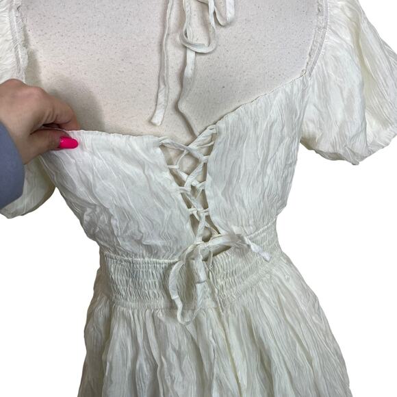 The Post Riley Puff Sleeve Sweetheart Babydoll Mini Dress Ivory Womens Large - Picture 7 of 10